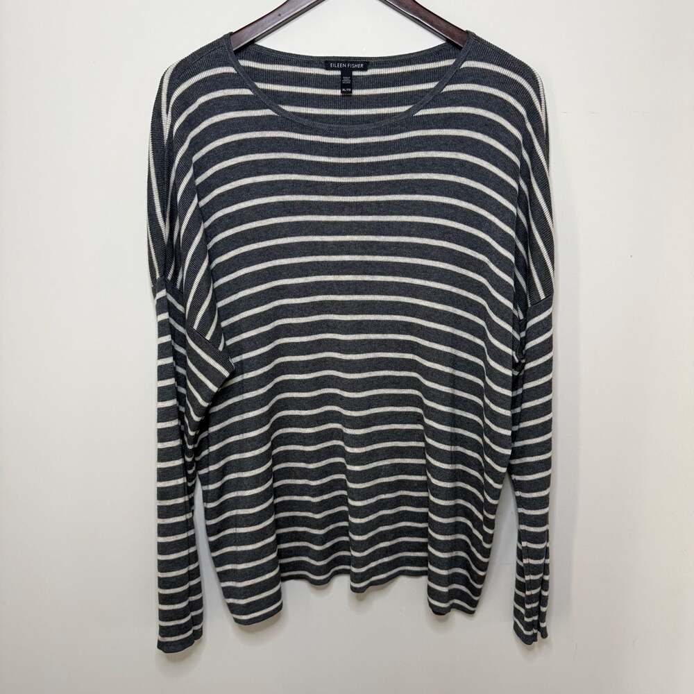 Eileen Fisher Striped Sleek Tencel Merino Knit Round Neck Boxy Top XL
